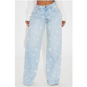 Fashionova Women Baggy Jeans Sz.9 Blue NWT Star Aligning print Jeans boho Y2K